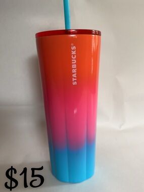 Starbucks Orange Pink Blue Ombre Tumbler with Blue Straw